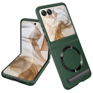 Imagem de YQODSZ Capa magnética para Motorola Razr 2024 com suporte, [compatível com] Capa protetora de couro PU premium com protetor de tela traseira para Motorola Razr 2024/Razr 50 Verde