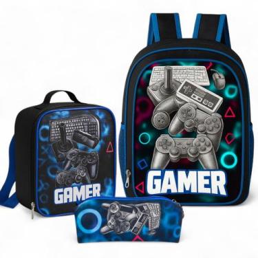 Imagem de Mochila Escolar Infantil Masculina Costas + Estojo + Lancheira - Gamer
