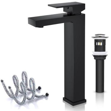 Imagem de Abelloly Torneira de banheiro de alça única alta de latão sólido preto fosco, vaidade de vaso certificado cUPC & CEC 1 orifício, torneira de barra misturadora com dreno pop-up e mangueiras de
