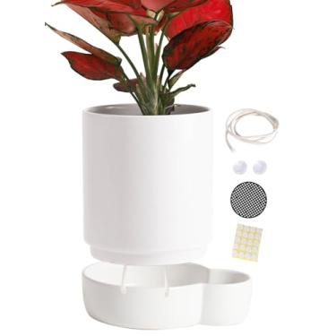 Imagem de TAMAYKIM Vasos de cerâmica de 14 cm com corda de algodão absorvente, plantador de flores moderno com pires para plantas de interior, suculentas, cactos e ervas, branco (plantas não incluídas)
