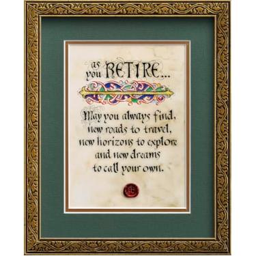 Imagem de Celtic Card Company Sentimental Retirement Wish Print Moldura Dourada Manuscritos Medievais Verdes Selo em Cera Duplamente Matted Irish Gift Decoração de Casa (23 cm x 28 cm)
