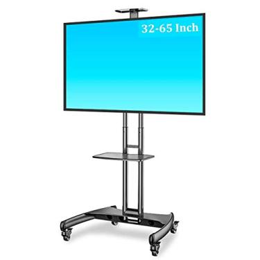 Imagem de Carrinho de TV portátil ajustável em altura - Suporte de TV móvel de 81 a 165 cm com prateleira/rodas para webcam, carrinho de chão para escola/escritório lindo cenário