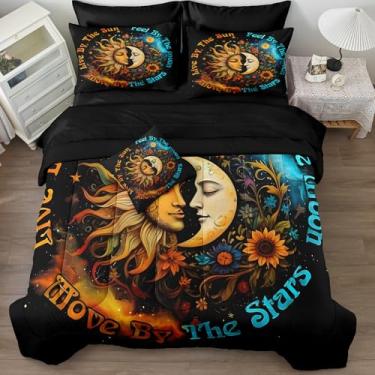 Imagem de Merryword Conjunto de edredom King com estampa de sol e lua, 8 peças, boêmio, mito místico, botânico, conjunto de cama
