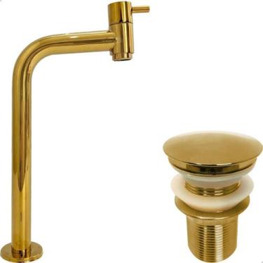Imagem de Kit Torneira Dourada Bica Alta e Válvula Click 1¼ Inox Pia Banheiro To