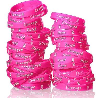 Imagem de Sratte Pulseiras de borracha com fita rosa para conscientização do câncer de mama para mulheres, festas, eventos públicos, decorações de câncer de mama, presentes, Borracha