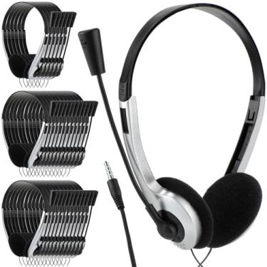 Imagem de Yunsailing Pacote com 30 fones de ouvido para sala de aula com microfone, conjunto de aula, leve, ajustável, com conector de 3,5 mm (prata)