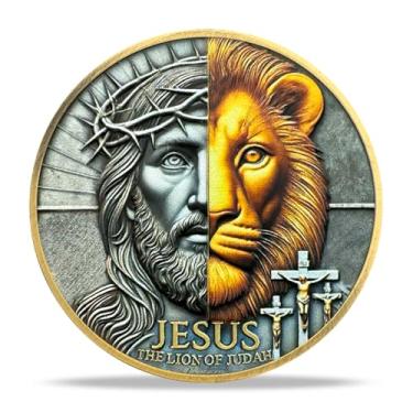 Imagem de Moeda religiosa de Leão de Jesus com metade do rosto Medalhão de Verso da Bíblia Inspiradora Presentes Baseados na Fé para Incentivo Espiritual para Homens e Mulheres