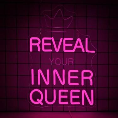 Imagem de Placa neon Reveal Your Inner Queen – 106.7 cm x 74.9 cm Decoração de parede LED rosa regulável com coroa – Luz neon empoderamento para quarto, penteadeira, armário, salão, eventos de arrasto e mais