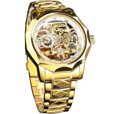 Imagem de FORSINING Relógio mecânico automático esqueleto masculino com bisel de 12 lados e engrenagens expostas e design turbilhão, pulseira exclusiva de aço inoxidável com elos de losango, relógio de pulso