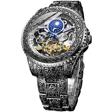 Imagem de FORSINING Relógio retrô masculino esculpido com corda automática, turbilhão, fase da lua, segundos independentes, esqueleto, automático, mostrador grande, Prata, Mecânico