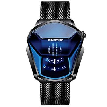 Imagem de RORIOS Relógios masculinos modernos analógicos de quartzo, relógio de pulso criativo com malha de aço inoxidável Brecelet relógio esportivo masculino, Preto e azul B, L, Pulseira