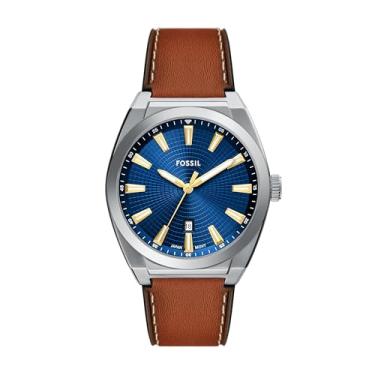 Imagem de Fossil Relógio masculino Everett de couro marrom com três ponteiros FS6115, Prata
