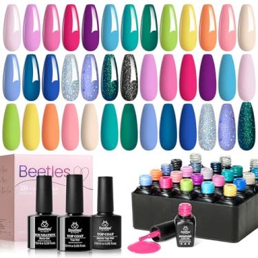Imagem de Conjunto de esmalte de gel Beetles - 23 peças de esmalte de gel colorido com base em gel top coat cores brilhantes, kit de esmalte de gel azul rosa roxo laranja verde glitter imersão UV LED moderno