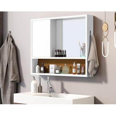 Imagem de Espelheira Amon Armario de Banheiro com Espelho Aério com Prateleira Organizadora e Porta 2 Cores em 1 (Branco/Flex) - Mega Móveis