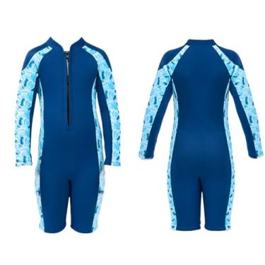 Imagem de Fitcue Roupa de mergulho infantil para meninos e meninas 2,5 mm com zíper frontal shorty roupa de banho de neoprene de manga comprida para mergulho, surfe, natação, azul, grande