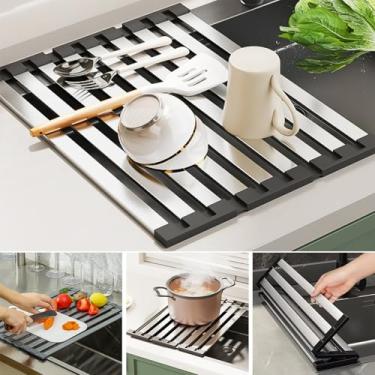 Imagem de POYIPI Escorredor de louça dobrável para pia de cozinha, escorredor de pratos sobre a pia, armazenamento de balcão de pia, tampa de pia de escorredor de aço inoxidável