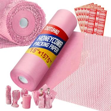 Imagem de DOTUHAO Papel de embalagem de favo de mel, papel de embalagem rosa 38 cm x 1574 polegadas, papel de embrulho para transporte de embalagem, suprimentos de mudança recicláveis com etiquetas adesivas