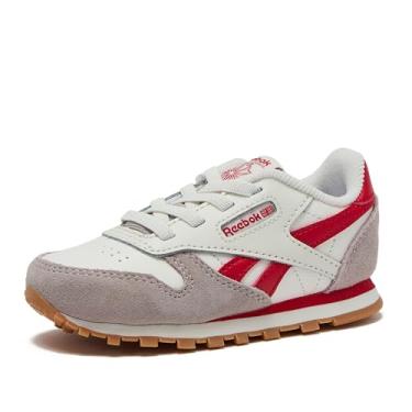 Imagem de Reebok Tênis infantil unissex de couro clássico (infantil), Giz/Sempre Azul/Amarelo Elétrico, 13 Little Kid