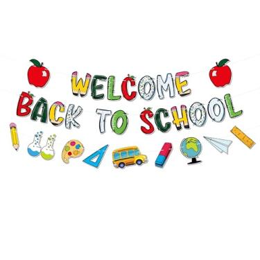 Imagem de Faixa de boas-vindas de volta às aulas, decoração de sala de aula do primeiro dia de aula com ícones de material escolar, pré-amarrada