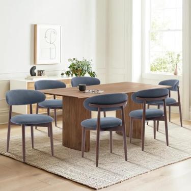 Imagem de COLAMY Conjunto de 6 cadeiras de jantar de madeira, cadeira de sala de jantar estofada de tecido moderno, cadeiras de cozinha de fazenda com pinos de pé, azul