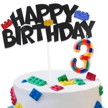 Imagem de Building Block Cake Decorations with Happy 3rd Birthday Cake Toppers and Birthday Candles Number 3, Building Block Birthday Party Deco for Kids