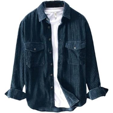 Imagem de Homens Primavera Outono Moda Japão Estilo Slim Fit Camisas Vintage Camisa De Veludo Casual Solto Camisa De Manga Comprida Tops, Blue, XXL