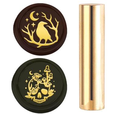 Imagem de CRASPIRE Carimbo de lacre de cera com cabeça de padrão de latão 2 estilos mini corvo esculpido caveira lua pequenos selos de cera Halloween corvo lua retrô latão esculpido selado selo convite envelope