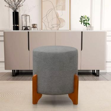 Imagem de Puff Redondo Linho Com Pés Em Madeira Maciça Decorativo Sala Quarto 