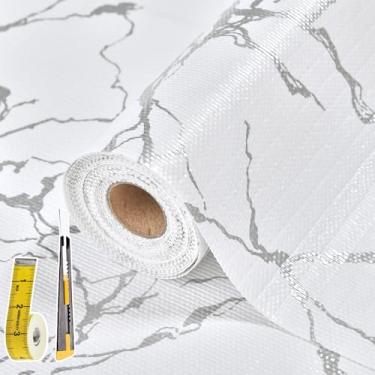 Imagem de Kimhan Forro De Gaveta E Prateleira Para Armário Cozinha: 12 Pol X 20 Pés, Papel Adesivo Antiderrapante À Prova D'Água, Revestimento Geladeira, Mármore Prateado, Fácil Usar No Banheiro Com Faca Fita