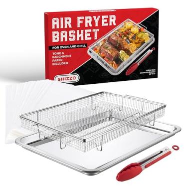 Imagem de Shizzo Cesta de fritadeira a ar para forno - Conjunto grande de bandeja e frigideira de aço inoxidável com 50 papéis de pergaminho e pinças de alimentos - Cesta de fritadeira a ar para forno, grelhar