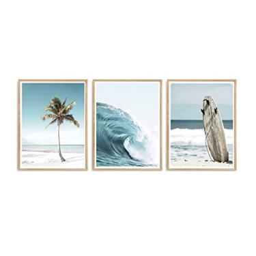 Imagem de Arte de parede em tela azul pintura de palmeira do oceano imagens de prancha de surf ondas praia costeira arte moderna para banheiro, quarto, sala de estar, sala de jantar, decoração de parede de