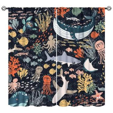 Imagem de Cortinas infantis de animais marinhos para meninos e meninas, decoração de quarto de bebê, tartaruga, baleia, oceano, arte colorida, impressa, blecaute, conjunto de tecido, 2 painéis, 106 x 113 cm,
