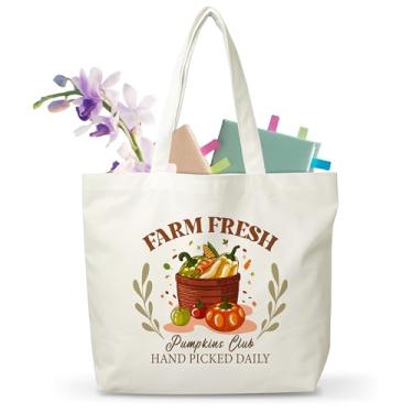 Imagem de JUSITAKEET Sacola de lona temática Farm Fresh, bolsa de presente de outono para mulheres e homens, bolsa de ombro de lona Pumpkin Club para Ação de Graças, bolsas laváveis e reutilizáveis, 08
