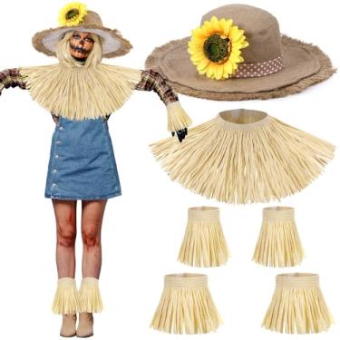 Imagem de Jecery Acessórios de fantasia de espantalho adulto feminino chapéu de espantalho com kit de palha de ráfia para festa de outono de Halloween, cáqui