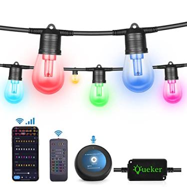 Imagem de Queker Cordão de luzes para ambientes externos, luzes RGB, luzes LED inteligentes para controle externo, aplicativo e WiFi, cordão de luzes que mudam de cor com 30 lâmpadas de LED reguláveis, funciona com Alexa IP65 à prova d'água