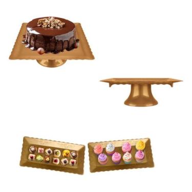 Imagem de Kit Boleira 30cm + Bandeja Decoração Aniversario - Magno, Dourado