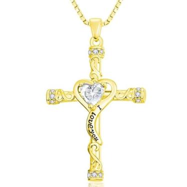 Imagem de VANAODUC Colar feminino com cruz de pedra do mês de nascimento, ouro 14K, ouro branco 18K, ouro rosa, pingente feminino I Love You, presente de aniversário e Natal para sua mãe, esposa, namorada