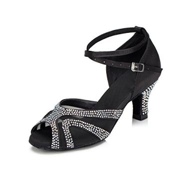 Imagem de Tênis de dança TTdancewear com strass para salão feminino Latin Salsa Bachata Performance Sapatos de dança Sola de camurça, Black-2.5inch Heels, 7