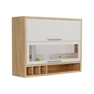 Imagem de Armário Aéreo Cozinha Modulado Syrah Com 2 Portas Basculante (1 Com Vidro Reflecta) E Nicho Garrefeiro 120cm Amendoa-off White - Ronipa