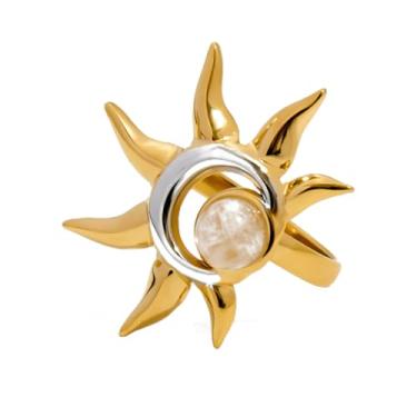 Imagem de Anel vintage de declaração de sol para mulheres e homens banhado a ouro aço inoxidável pedra da lua ajustável anel empilhável lua crescente aliança de casamento delicada para polegar dedo médio ajuste