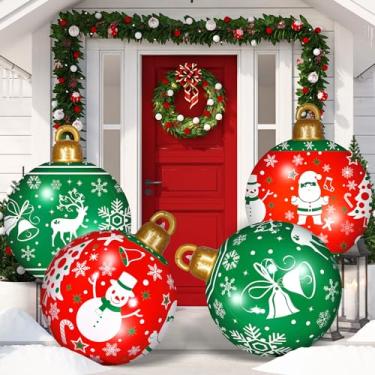 Imagem de 4 peças de enfeites de bola infláveis de Natal decorados de 60 cm grande PVC bola de Natal inflável gigante ornamentos de bola de Natal decorações de Natal quintal ao ar livre para piscina de jardim (Santa, árvores)