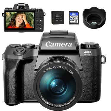 Imagem de Saneen Câmera digital, câmeras 4K para fotografia, câmera vlogging com tela sensível ao toque WiFi de 64 MP com flash, cartão de 32 GB, para-sol para lentes, bateria de 3000 mAH, câmeras frontal e