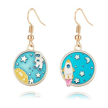 Imagem de MALOYANVE Brincos pendentes femininos personalizados Planeta joia tom azul Saturno, Medium, liga metálica, latão, titânio, Sem pedra preciosa