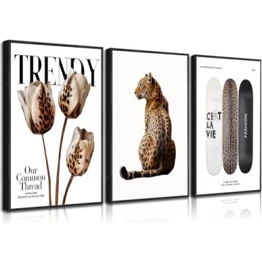 Imagem de 3 peças de arte de parede em tela com estampa de leopardo emoldurado preto elegante pôster estético feminino estampa de guepardo moderno skate decoração de parede para quarto apartamento dormitório