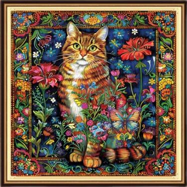 Imagem de DMCVIVR Kits de ponto cruz estampado para adultos iniciantes kits de bordado 11CT kits de ponto cruz padrões de bordado - flores coloridas de gato 45,7 x 45,7 cm