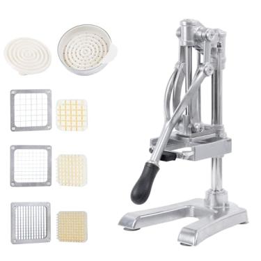 Imagem de Rismanor Cortador manual multifuncional de frutas cítricas, espremedor de frutas cítricas, cortador de batata frita de aço inoxidável de ferro fundido AIO (prata, espremedor e lâmina de 1/2 3/8 1/4)