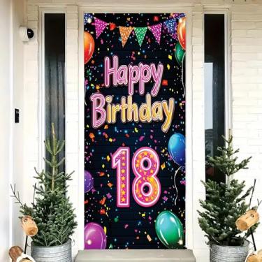 Imagem de Saoplasa Banner de aniversário de 18 anos, capa de porta estilo neon de 181 x 89 cm com balões coloridos, confetes e design de estrelas, para meninas e meninos, artigos de decoração de parede para