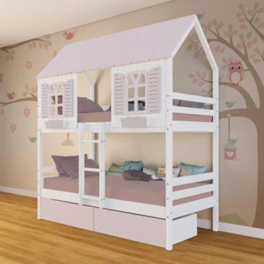 Imagem de Beliche Casinha Bela com 2 Gavetas Rosa - Madeira Maciça Branco/Rosa  