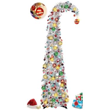 Imagem de MACTING Árvore de Natal peculiar com cordão de luzes de 1,8 m, árvore curva pop-up com 15 luzes de bola e enfeites para pendurar, árvore de tinsel dobrável para varanda de apartamento, decoração de