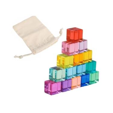 Imagem de Fenteer Conjunto de blocos de construção de arco-íris, cubos de acrílico de arco-íris, empilhar, construir e classificar, brinquedo educacional para, 15 Peças